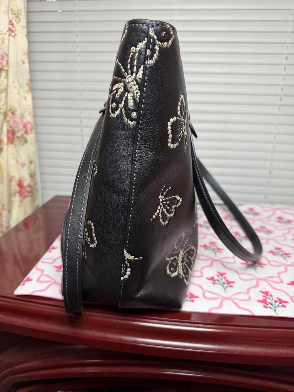 Coach Black Leather Butterfly-Embroidered Tote - Picture 4 of 8